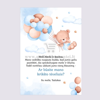 Kvietimas krikšto tėvams "Meškiukas su balionais"